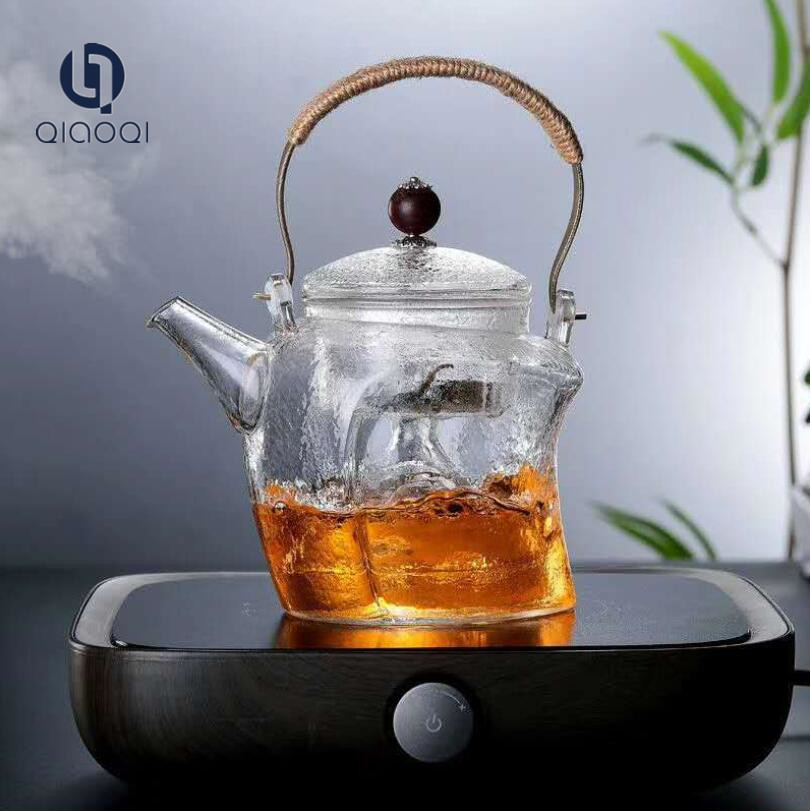 Borosilicate Glass Heat-resisting Grain Shape Loop-handled Teapot with cups