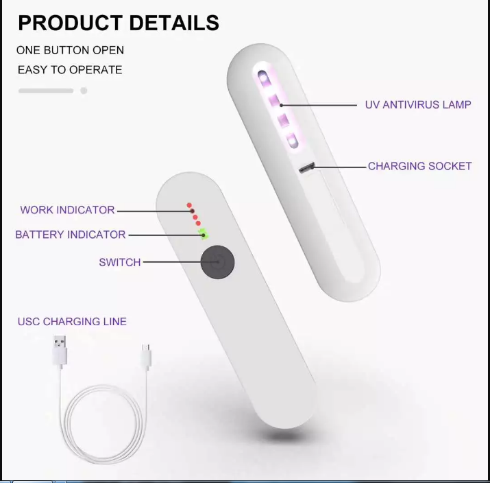 2020 Hotsale Portable Mini Uv-c Sanitizer Wand Rechargeable Uv Disinfecton Lamp