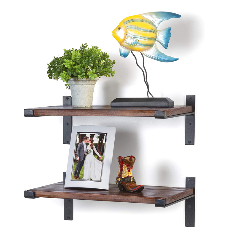 Ins style round burn color wood wall floating shelves with metal