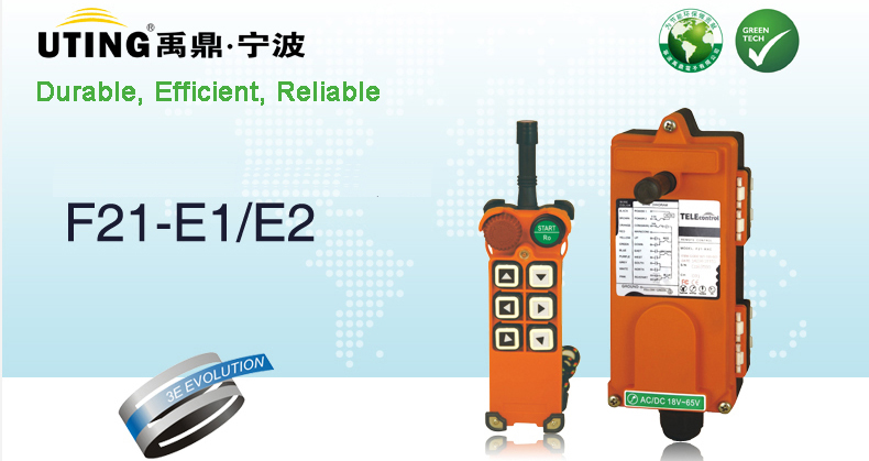 Telecrane F21-E2 6 single speed push button wireless radio remote control manufacturer with mushroom head and rotary switch