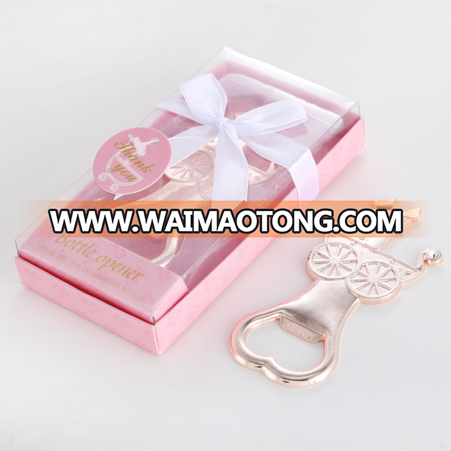 Wedding Favors or Baby Shower Gifts Elegant Pink Box Gold Baby Carriage Design Baby Bottle Opener