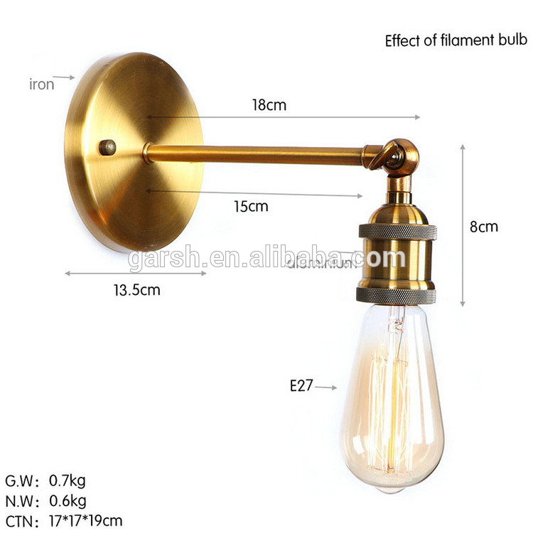 Retro Loft Brass Golden Sconce Lighting Industrial Iron Wall Lamp For Restaurant