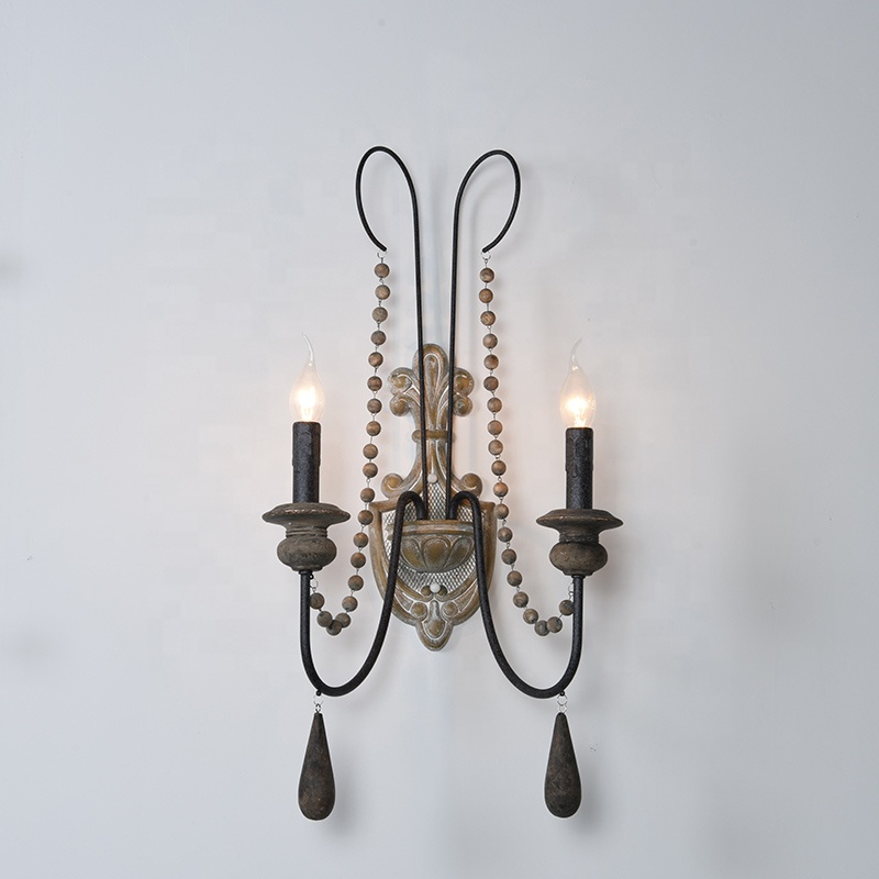 Amazon hot seller 2-lights antique wood wall lamp,decorative iron wall sconce