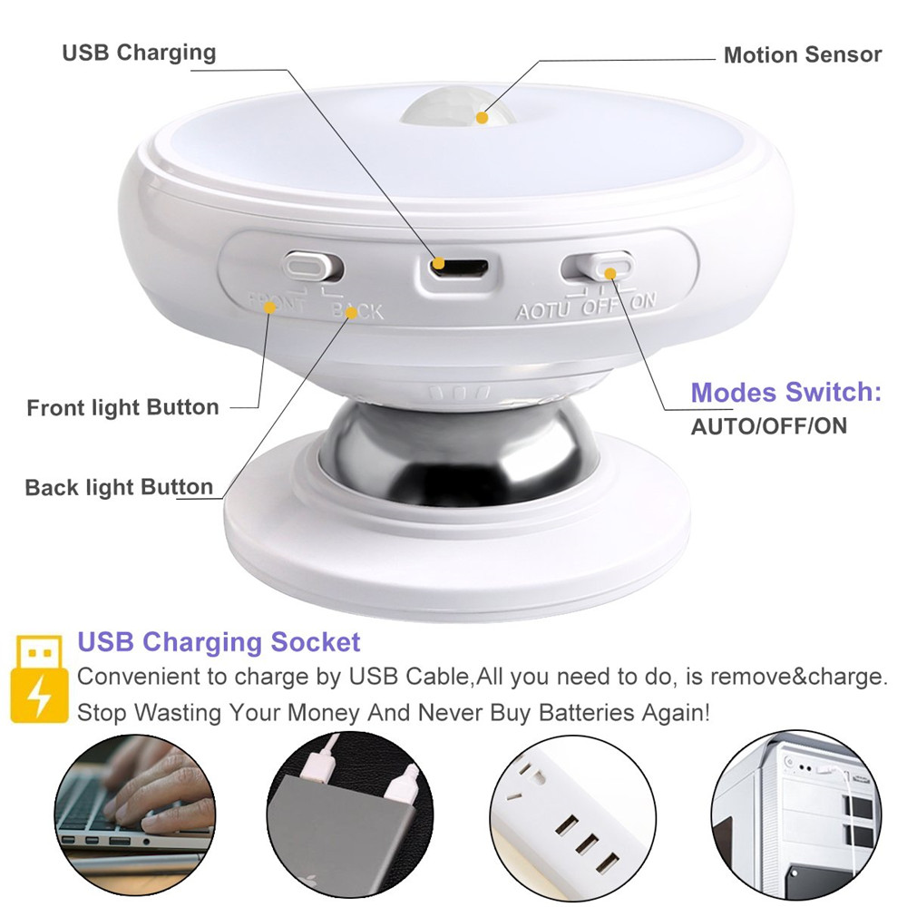 360 degree Rotating Body Sensor Night Light Rechargeable LED Motion Sensor Light