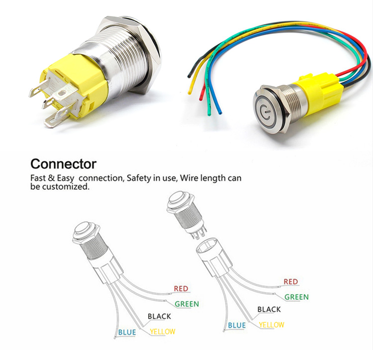 16mm Momentary Latching on off Stainless Steel anti vandal waterproof  Push Button Switch red green yellow Ring LED