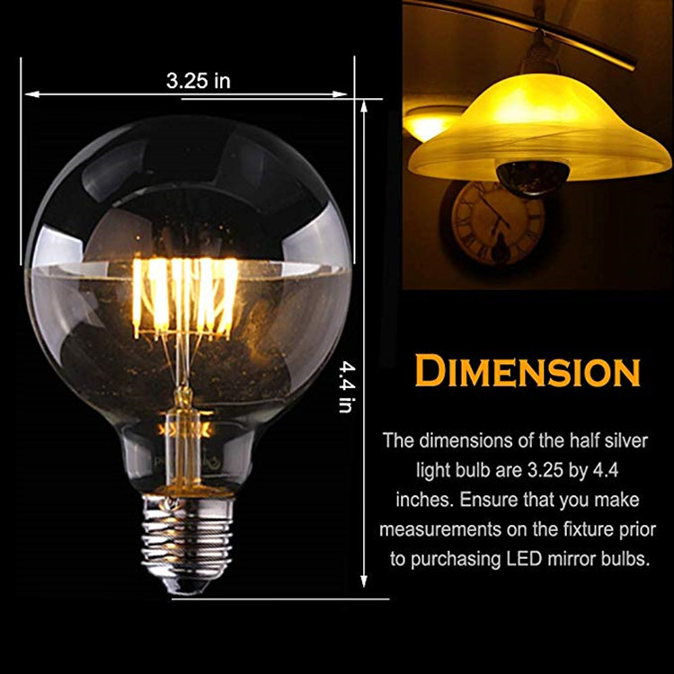 Half Chrome Light Bulb Dimmable LED Filament Vintage Bulb with Mirror 6W G80/G25 E26 Medium Base Warm White 2700K