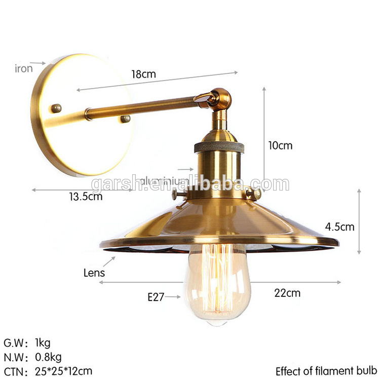 Retro Loft Brass Golden Sconce Lighting Industrial Iron Wall Lamp For Restaurant