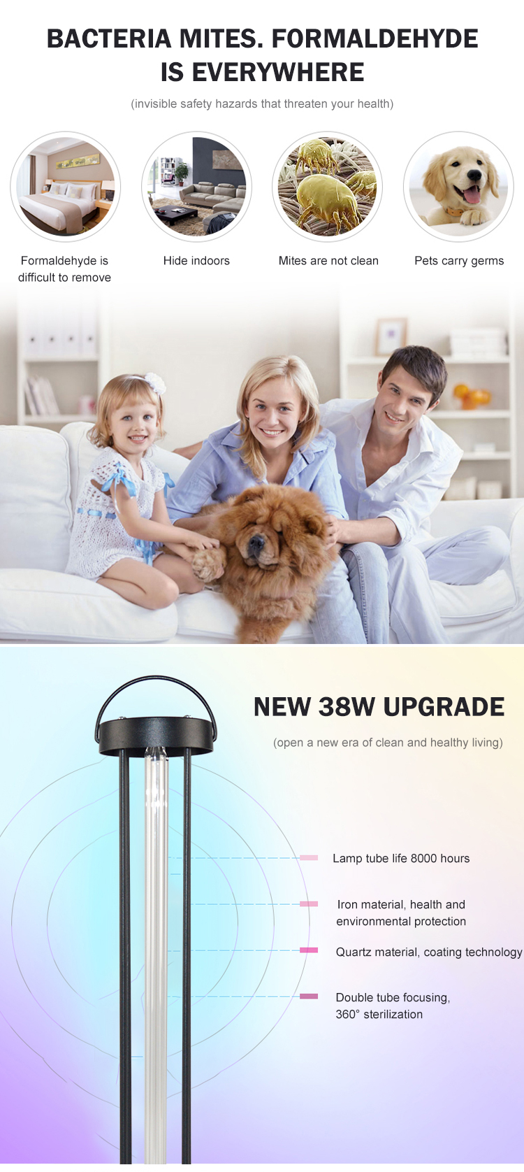 Portable sterilization disinfection light for school home office 38w uv germicidal lamp