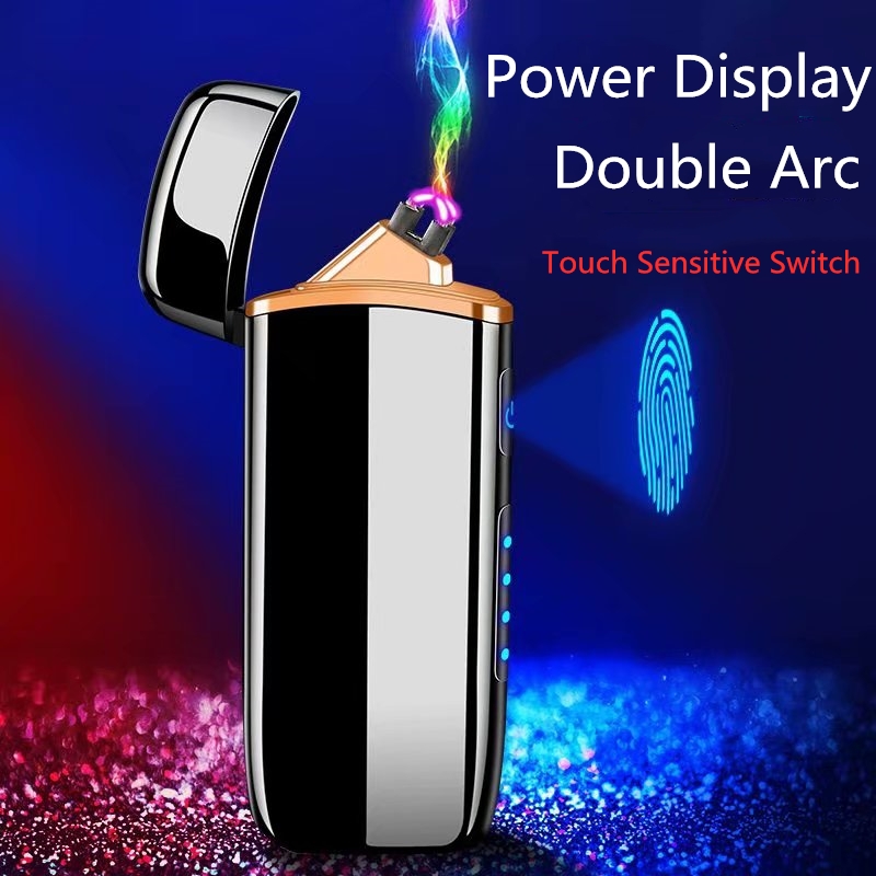 Intelligent touch double arc power display lighter/Metal shell custom pattern creative wind style