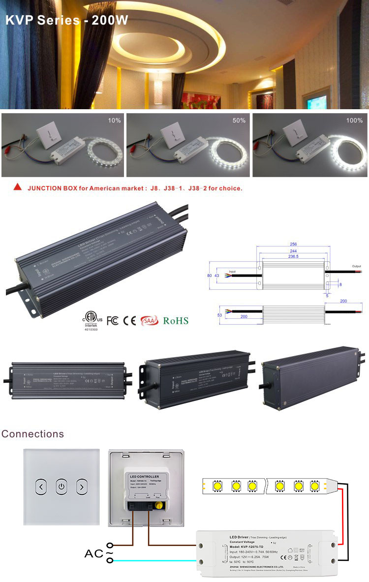 Phase Cut Dimming 200W 12V 24V DC Constant Voltage Triac Dimmable LED Driver