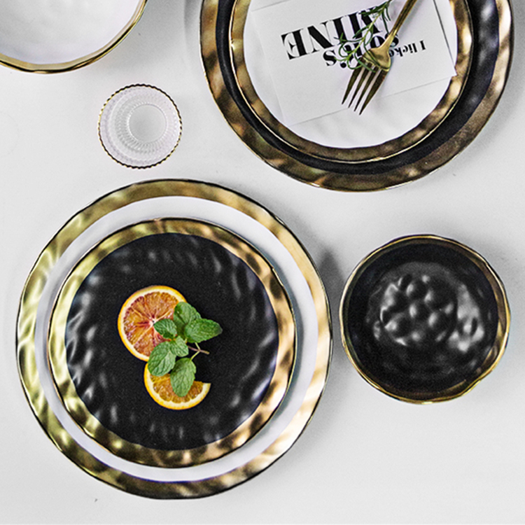 Modern gold line serving plates ceramic dinner plate black platter for wedding