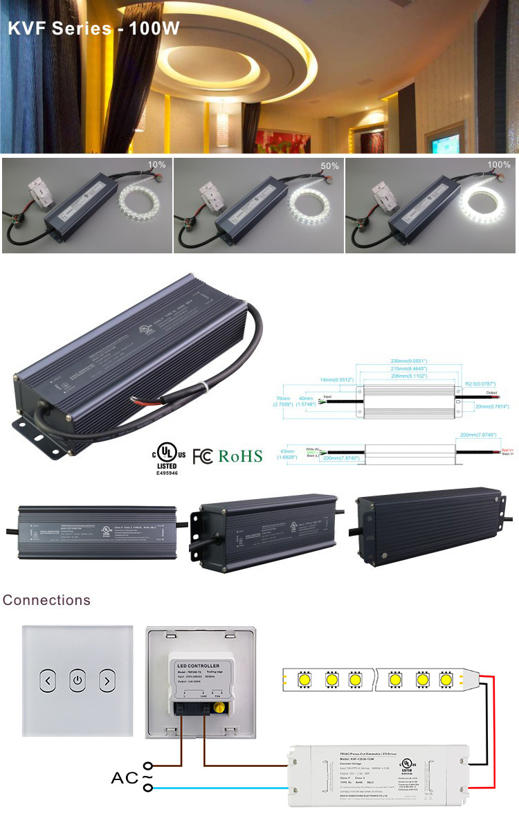 PWM Output Triac Dimmable Phase cut Dimming Zhongshan LED Driver 12V 100W 8.33A