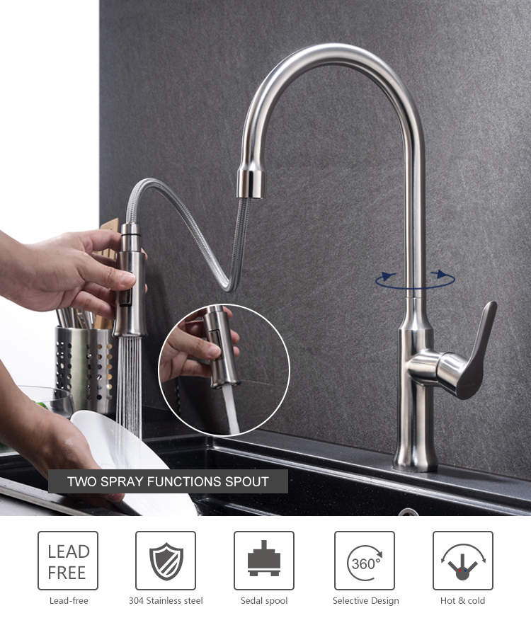 cupc high end pull down two way spray spout 304 stainless steel blacken color kitchen sink faucet