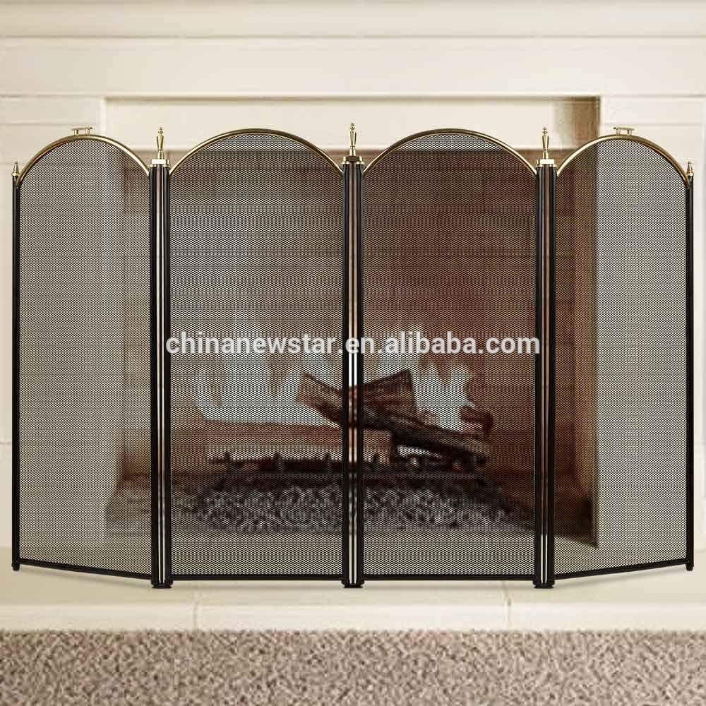 Hanssz Fano Fireplace Screen 4 Panel Ornate Wrought Iron Black Metal Fire Place Standing Gate Decorative Mesh Solid Baby Safety