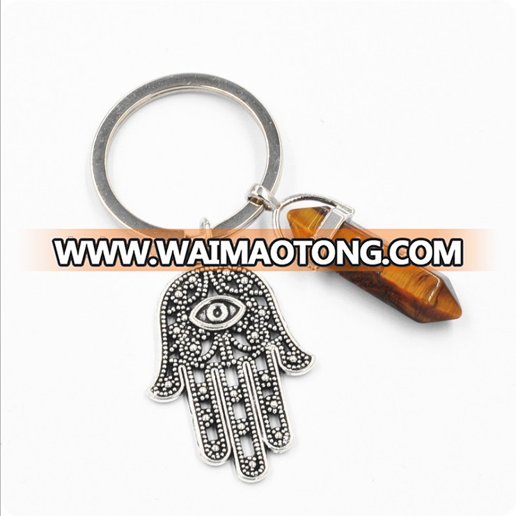 Wholesale natural hexagonal crystal column metal keychain