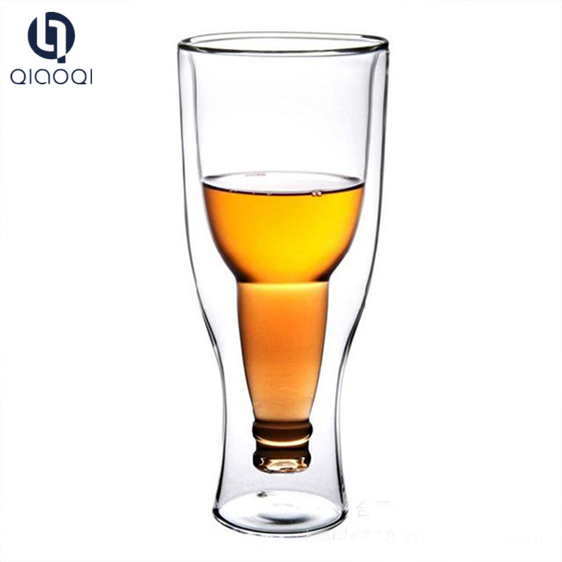 Customize Creative new design insulated 350ml 450ml upside down bottle borosilicate beer coffee double wall glass cup mug