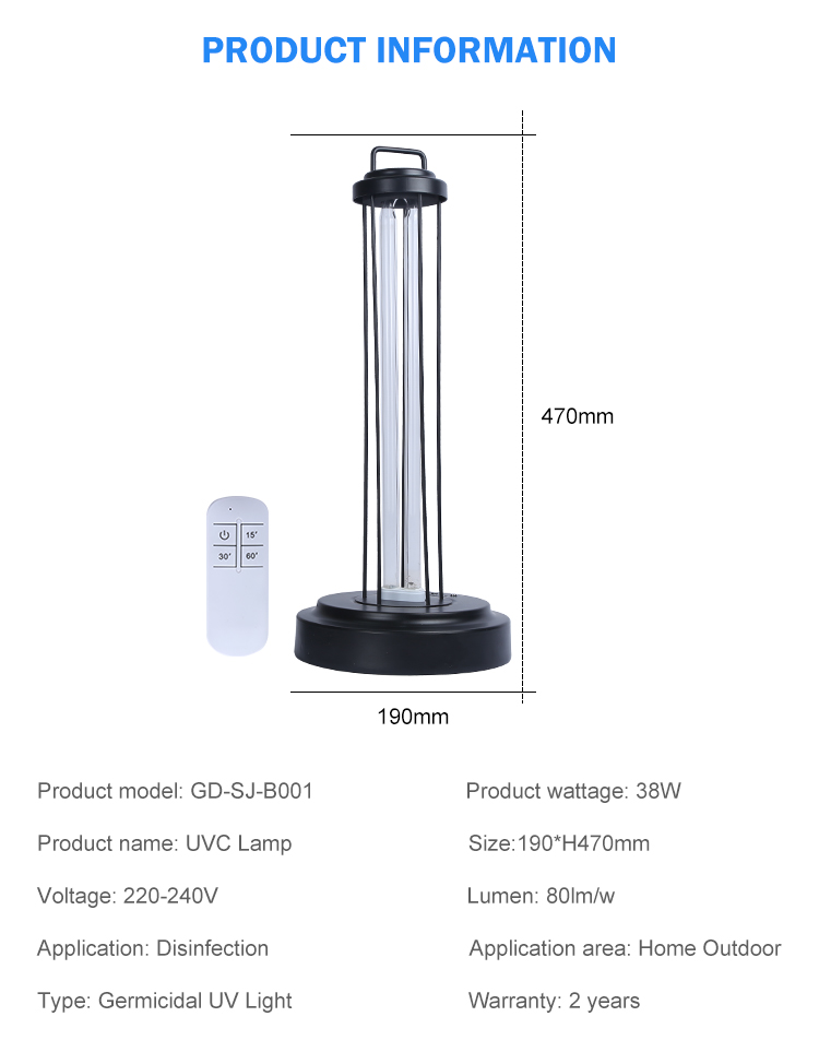 Factory supply portable ozone ultraviolet portable 38w uv germicidal lamp