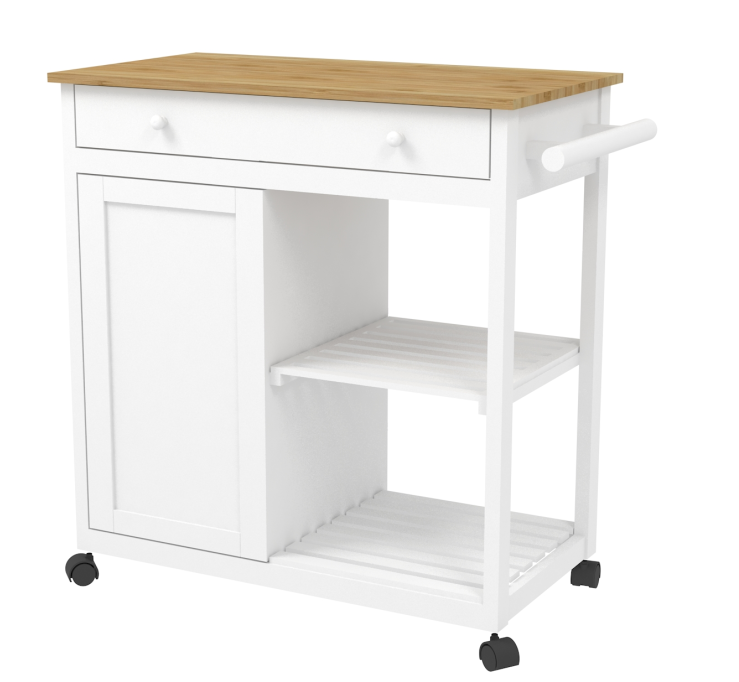 White wooden kitchen trolley with bamboo top