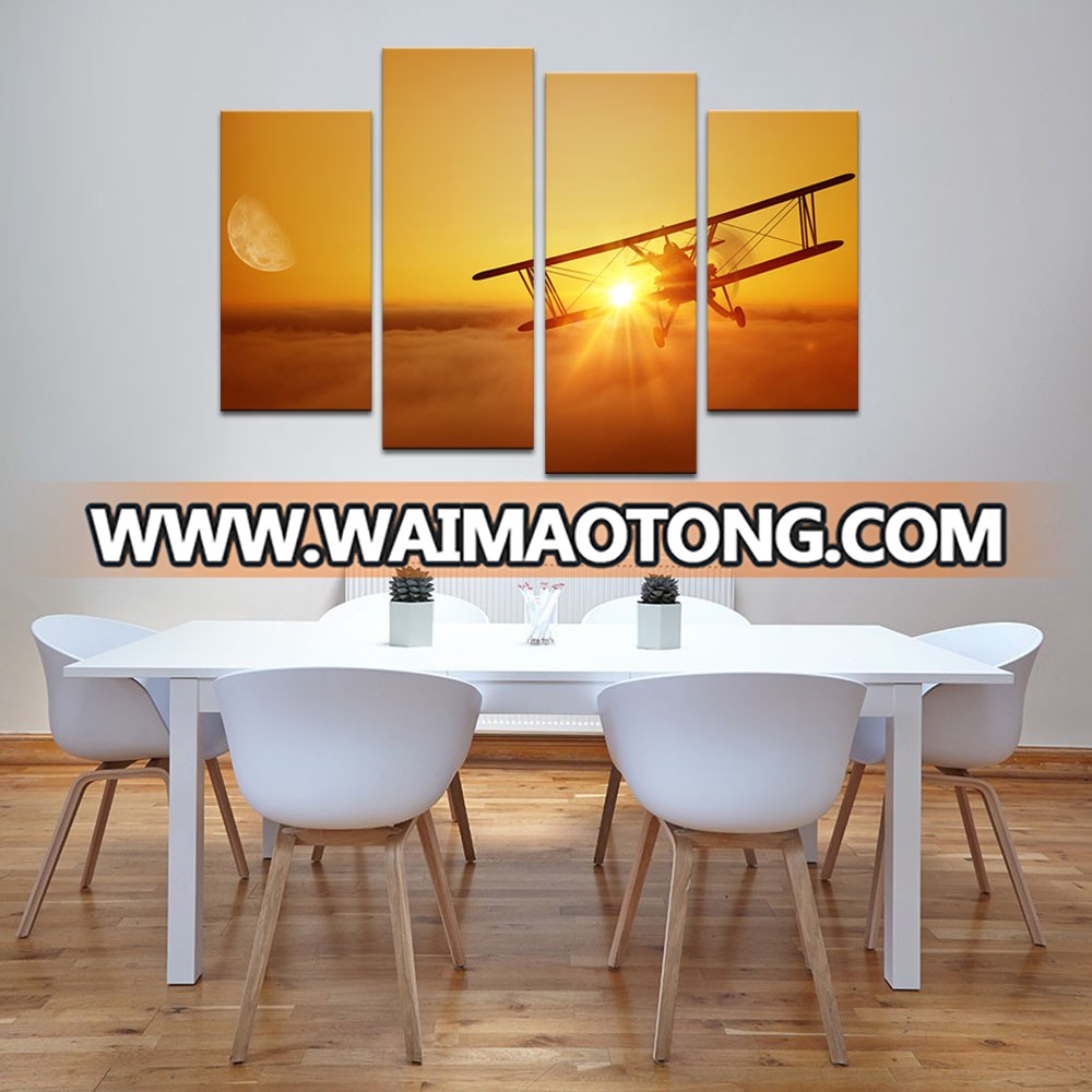 Large Canvas Prints Airplane Flying at Sunset Wall Art Canvas Biplane Picture Aircraft in the Sky Scenery Painting for Home