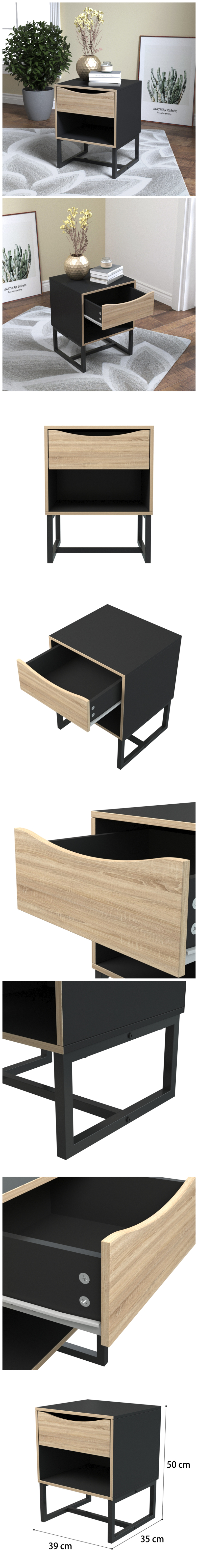 Corner Cheap Bedroom MDF Wood Black Metal Frame Modern Nightstand