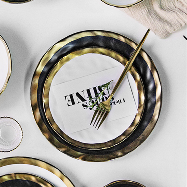 Modern gold line serving plates ceramic dinner plate black platter for wedding