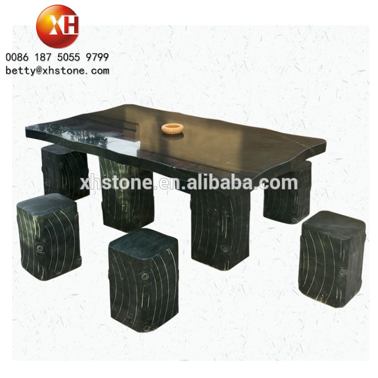 Polished High Quality Natural Dark Green Stone Long Table And Bench Chair For Garden Use And Landscaping Decoration