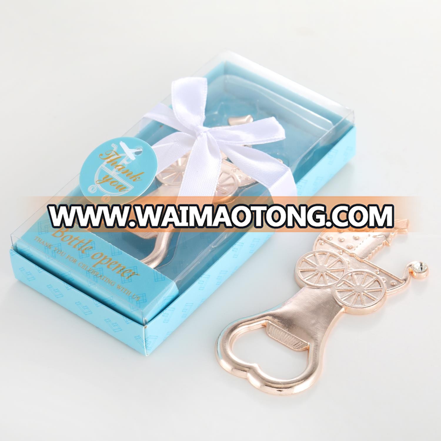 Wedding Favors or Baby Shower Gifts Elegant Blue Box Gold Baby Carriage Design Baby Bottle Opener