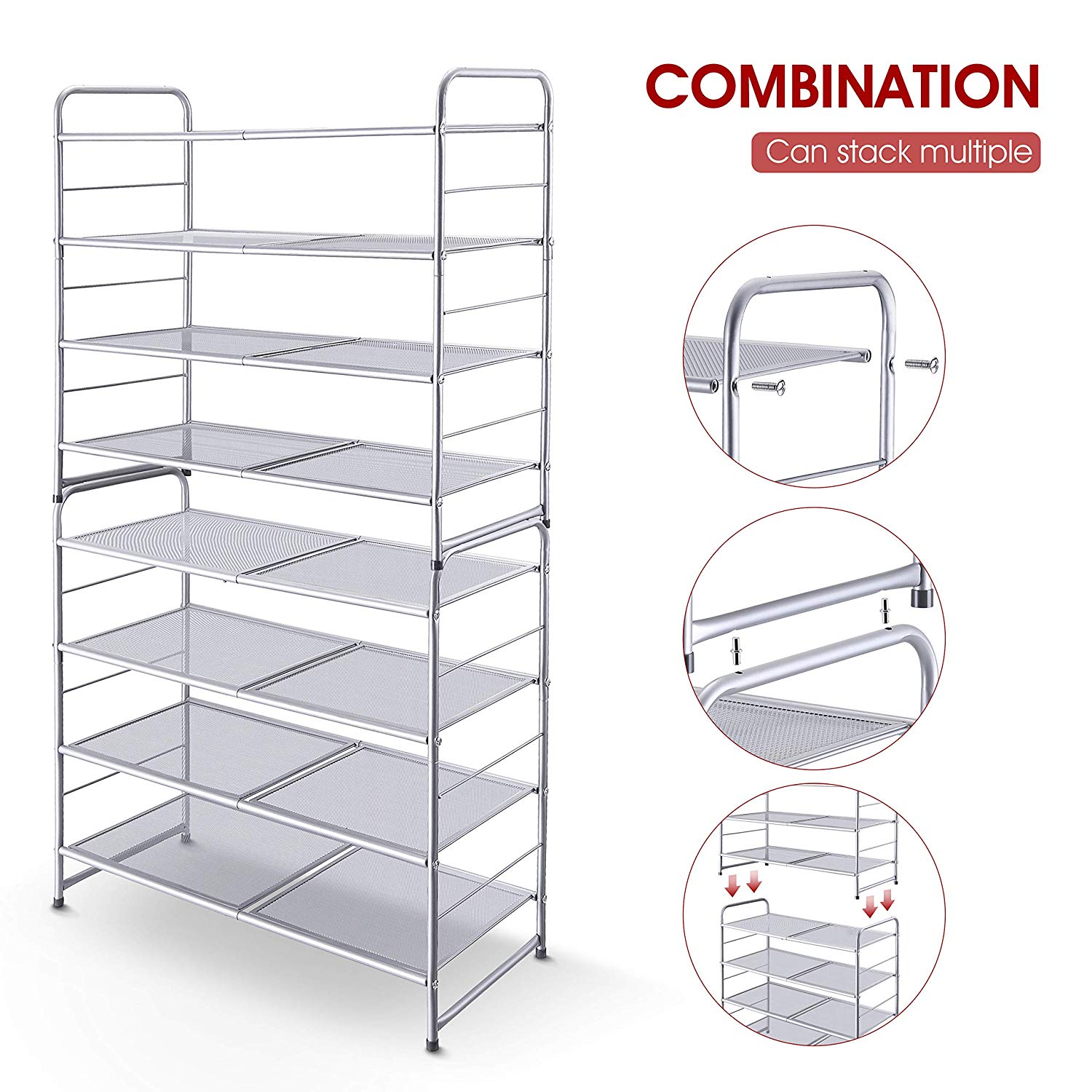 4 Tier Stackable Shoes Rack Expandable Adjustable Shoe Shelf Storage Organizer Metal Mesh  METAL SHOE DISPLAY RACKs Silver