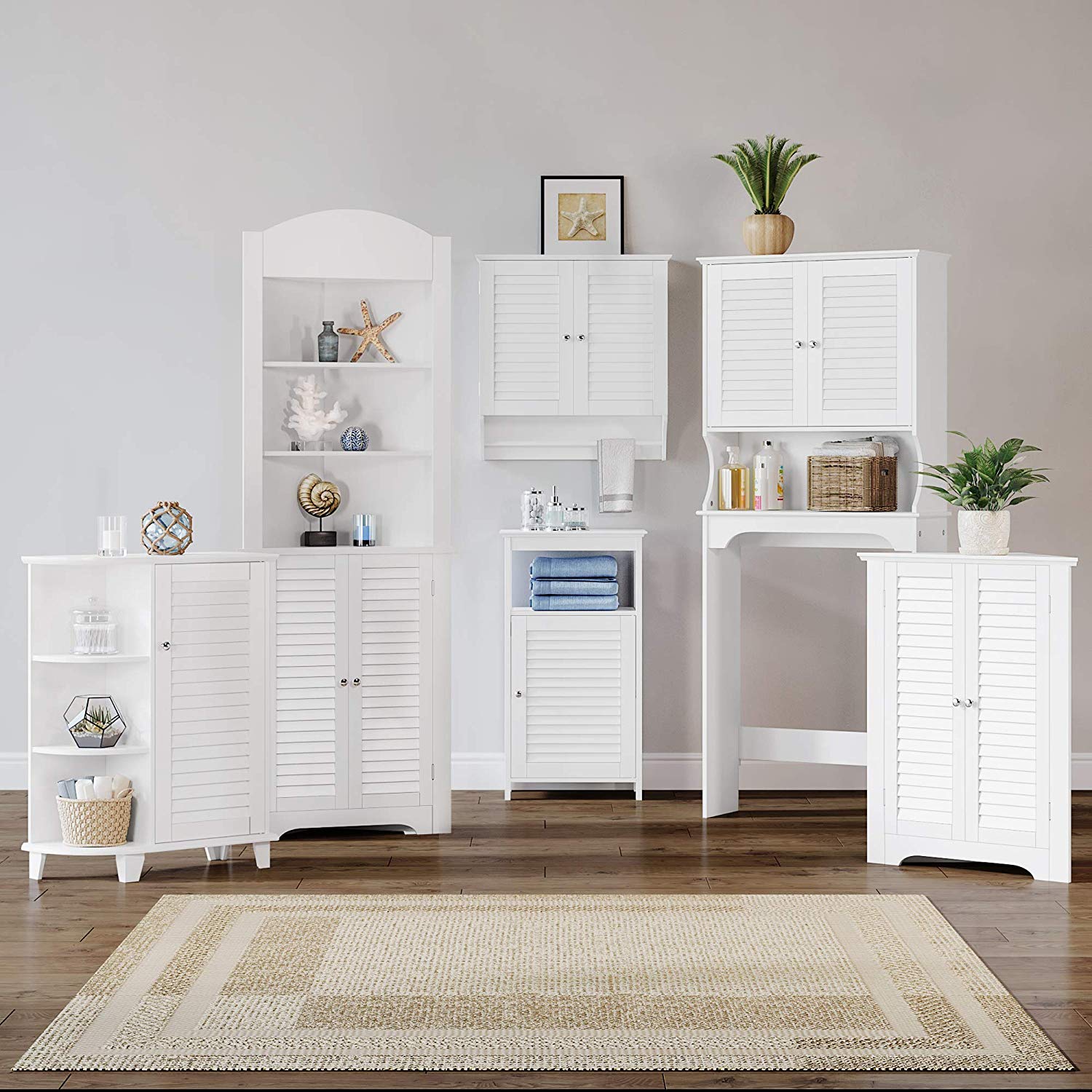 White Wood Floor Bathroom Side Cabinet with Door and Shelf