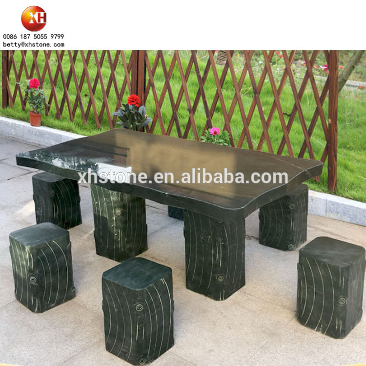 Polished High Quality Natural Dark Green Stone Long Table And Bench Chair For Garden Use And Landscaping Decoration