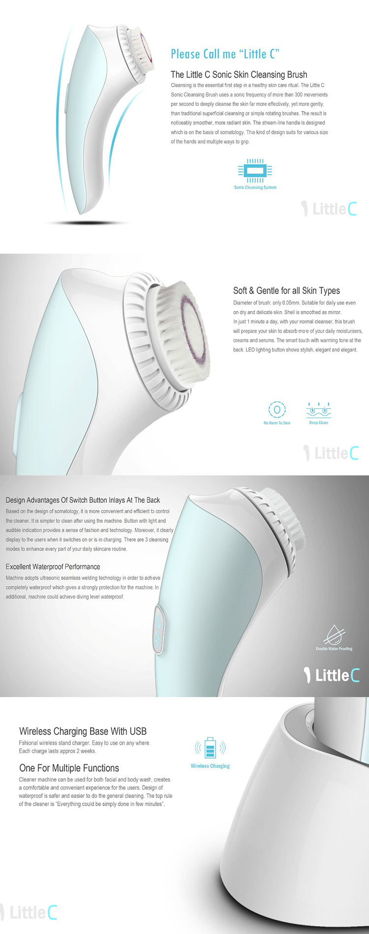 Waterproof compatible replacement facial cleansing brush