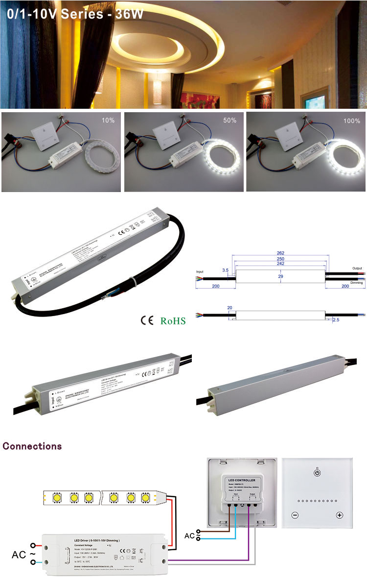 0-10V Dimmable Driver 12V 3A DC 36W Waterproof IP67 LED Driver Slim