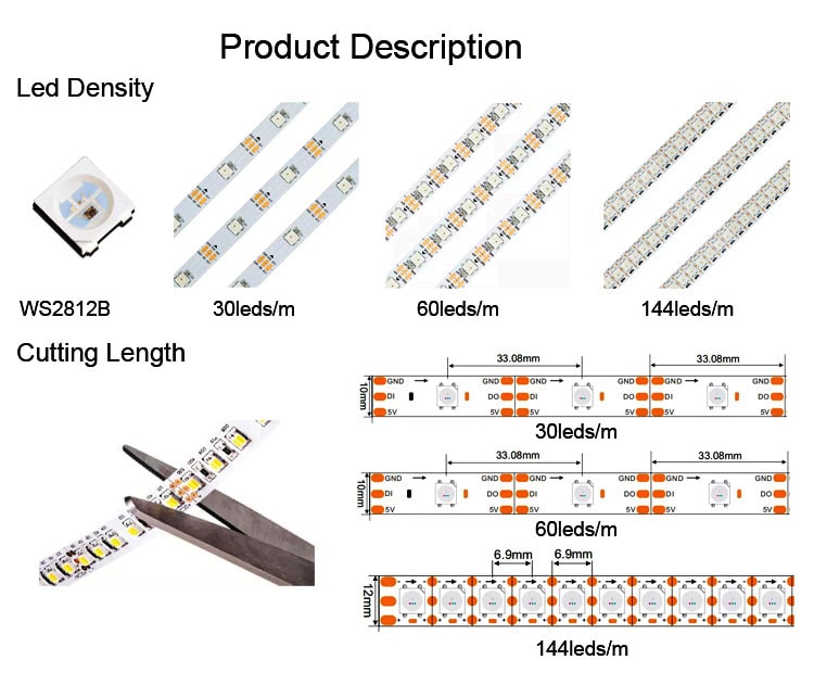 Full Color 5m 30/60/144 led strip ws2812b  SK6812 chip dream color led strip