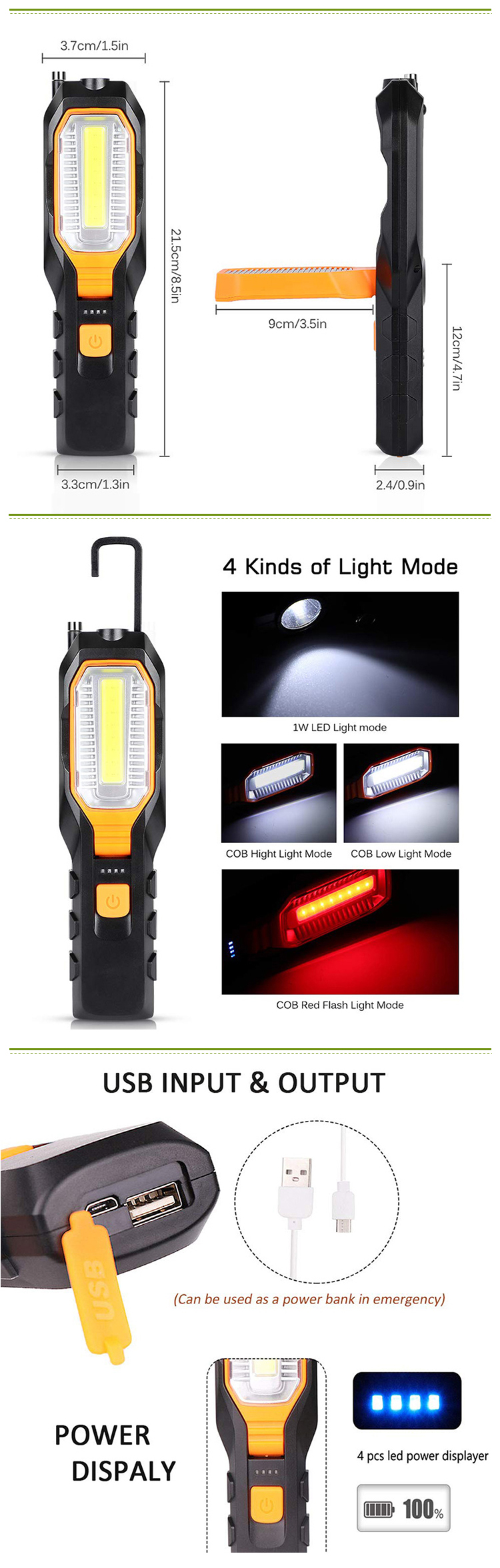 LED Work Lamp Waterproof Magnetic Inspection Lamp USB Rechargeable LED Work Light