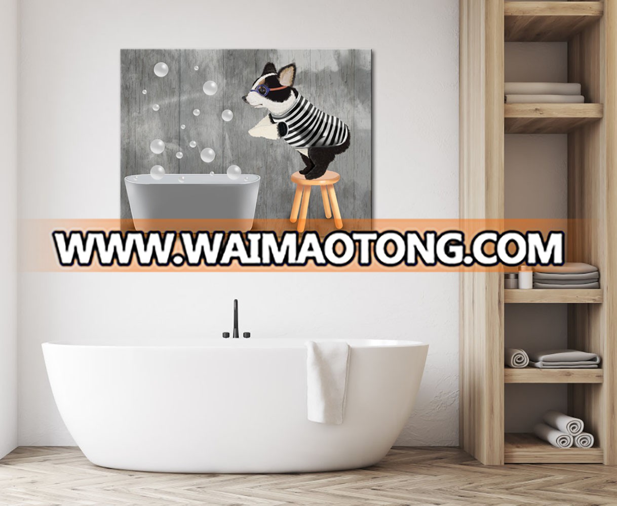 Canvas Wall Art Cute Dog Looking at Bath Tub Painting Pictures Pet Canvas Artwork Animal Art Print Home Decoration for Bathroom