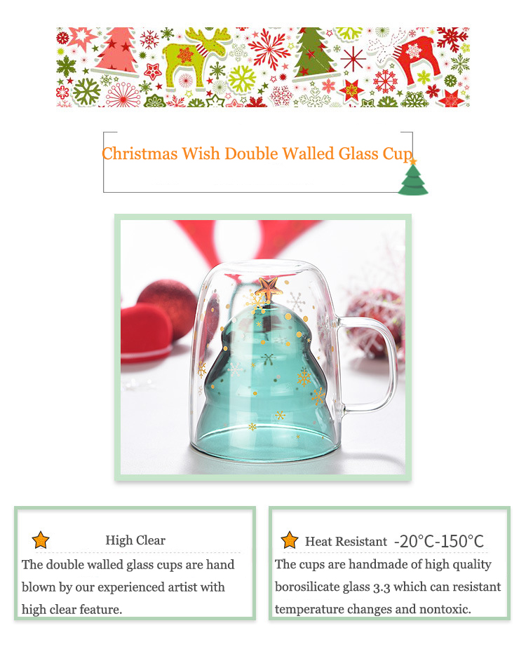 250ml Christmas Wish Double Wall Glass Cup with Lid