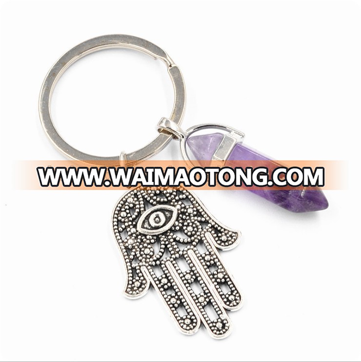 Wholesale natural hexagonal crystal column metal keychain