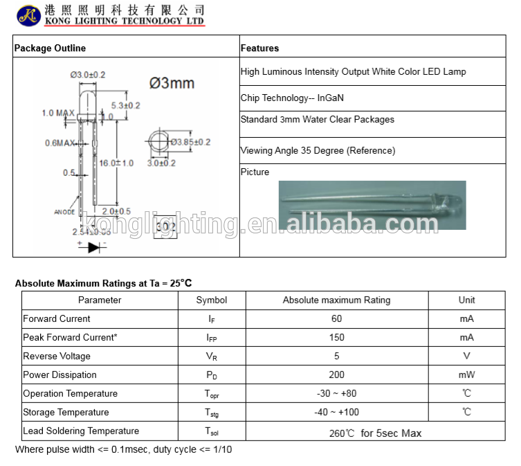 3mm KL-BW1157 High Luminous Intensity Output White Color LED Lamp