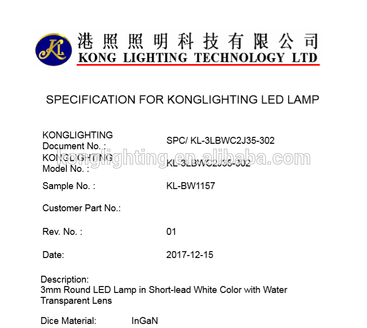 3mm KL-BW1157 High Luminous Intensity Output White Color LED Lamp