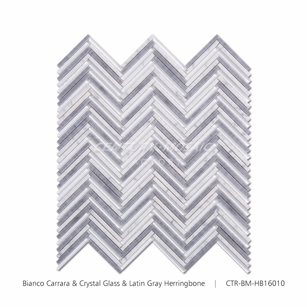 2016 Century New design Glass Mixed Carrara Herringbone Mosaic Tiles