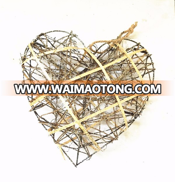 14 inches big champagne gold glitter hanging wired rattan decoration heart