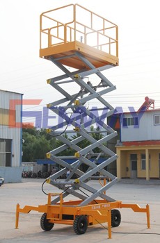 One man operating battery powered self-propelled scissor lift