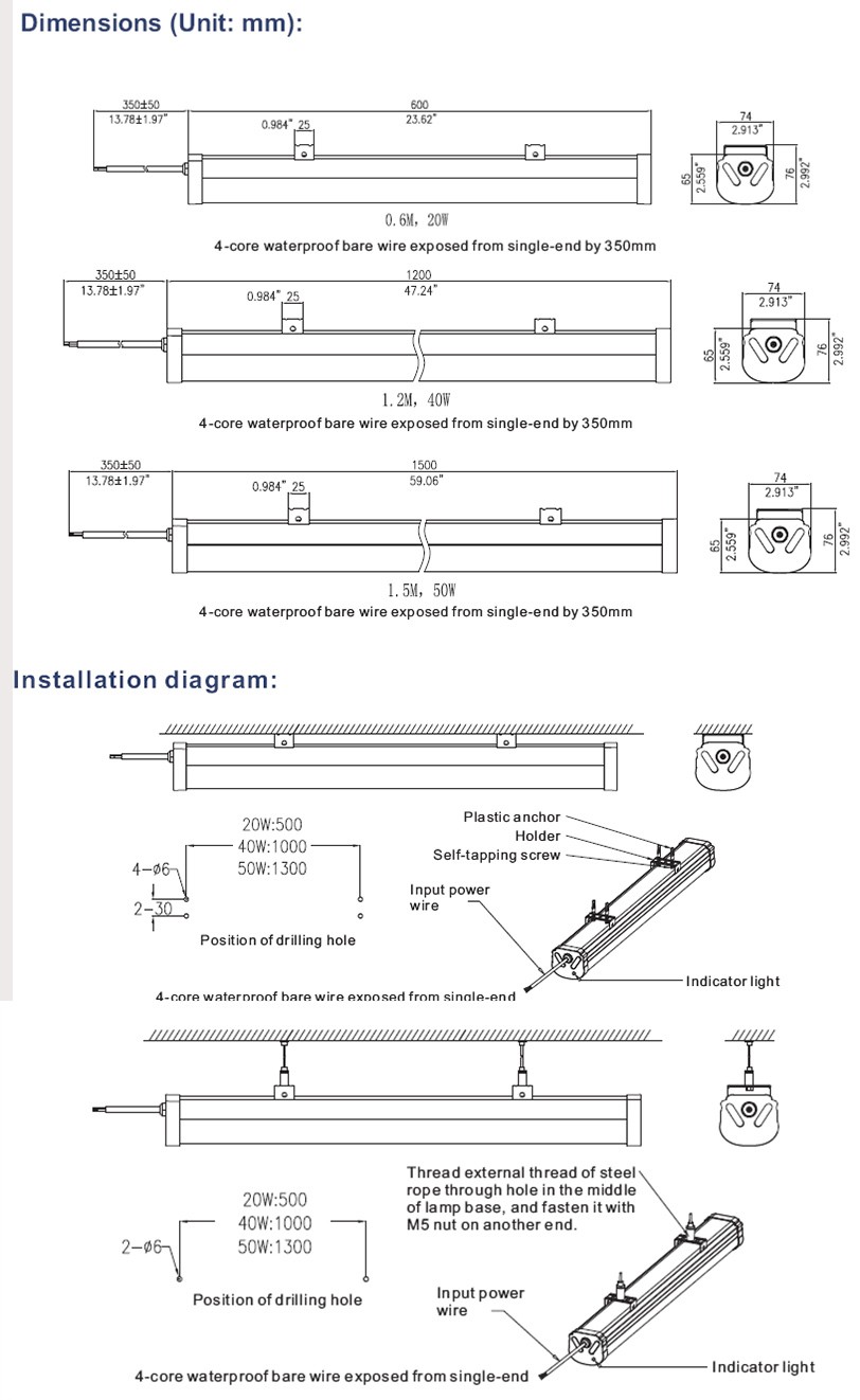 SMD 2835 20w 40w 50w waterproof led emergency tube light