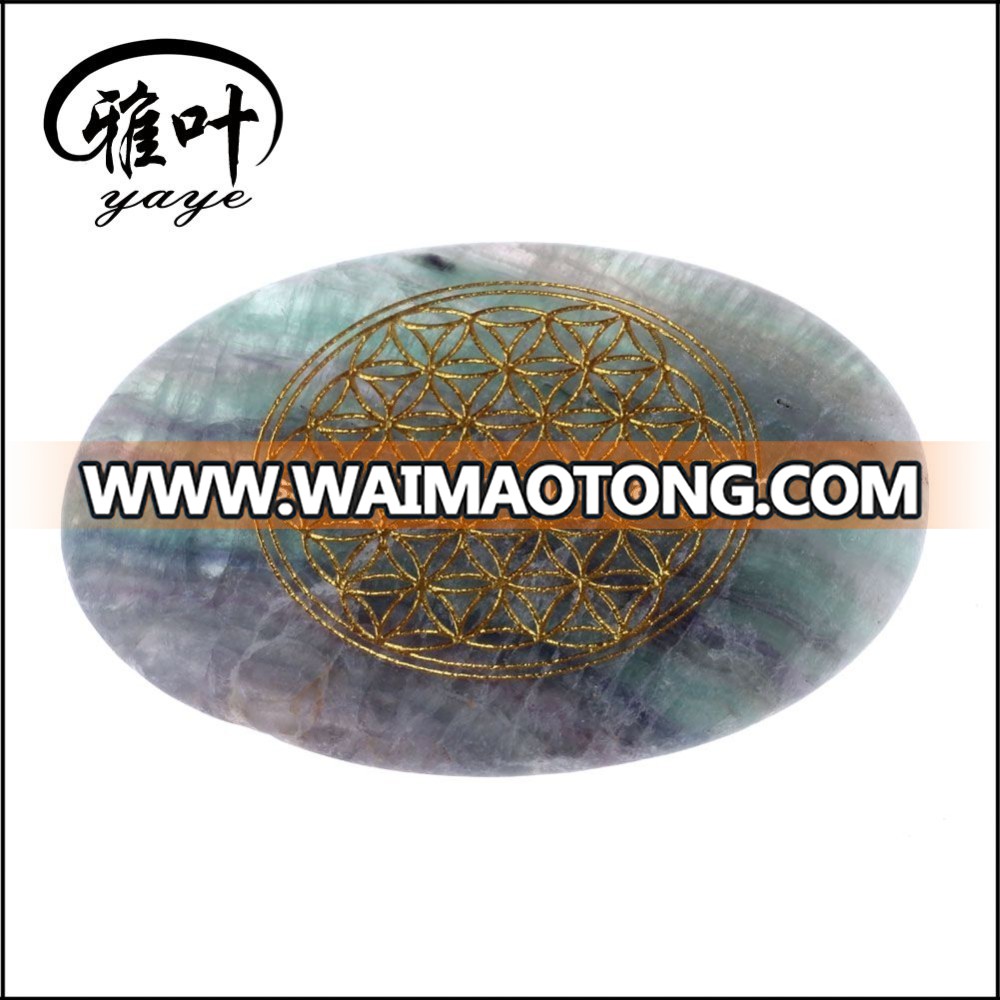 Natural Rainbow Fluorite Engraved Flower of Life Palm Stone