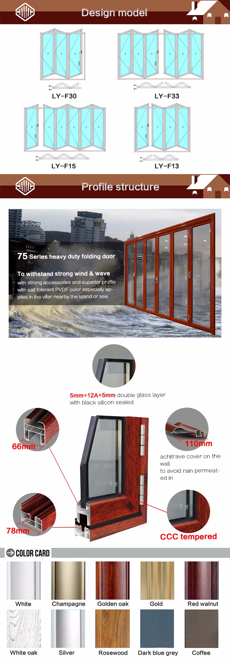 Luxury  standard soundproof bi fold aluminum glass  folding door