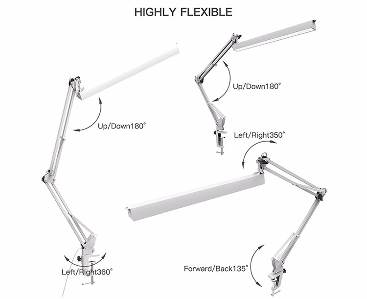 Flexible Swing Arms Touch Sensor Clip Desk Lamp Office Working Dimmable Table Study Clamp Lamp