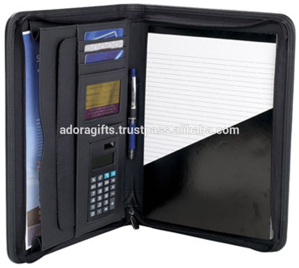 Genuine Leather Portfolio Padfolio, Conference Folder Executive Business Padfolio Data Case with Calculator and Writing Pad