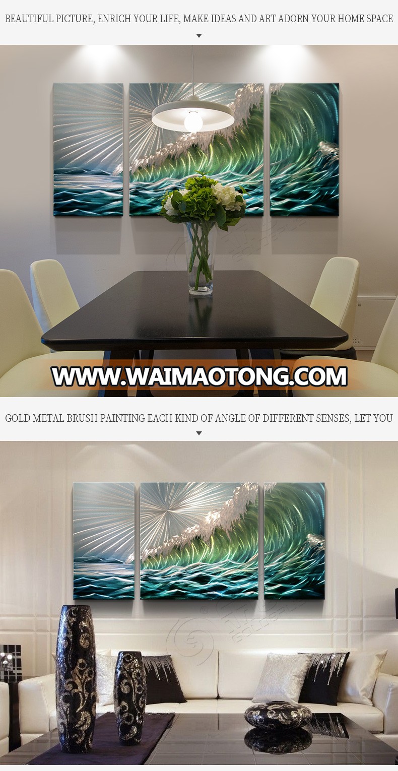 Ocean Picture Metal Wall Art Waves Painting Seascape Artwork Polish  for Office Living Rooms(24"x 48"x 3 Panels)