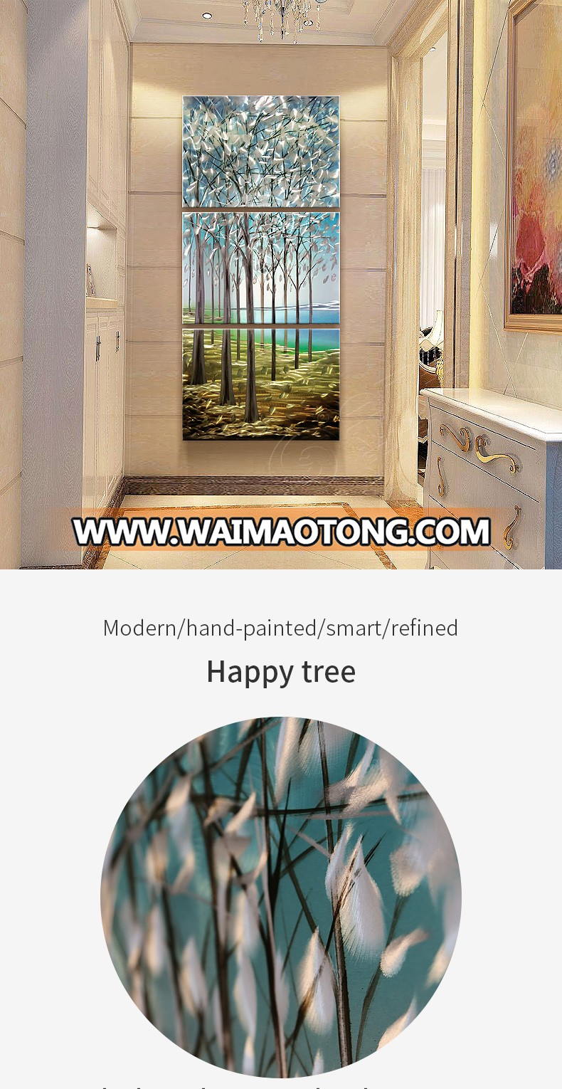 Tree Metal Wall Art Green Forest Landscape Picture 3 Pieces  Painting for Living Room Bedroom Office Decoration