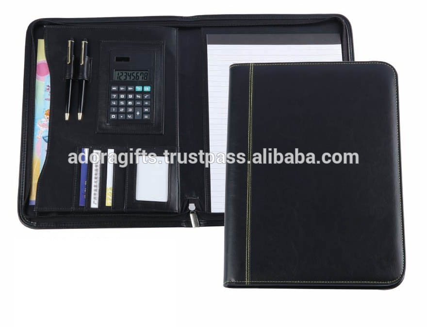 Genuine Leather Portfolio Padfolio, Conference Folder Executive Business Padfolio Data Case with Calculator and Writing Pad